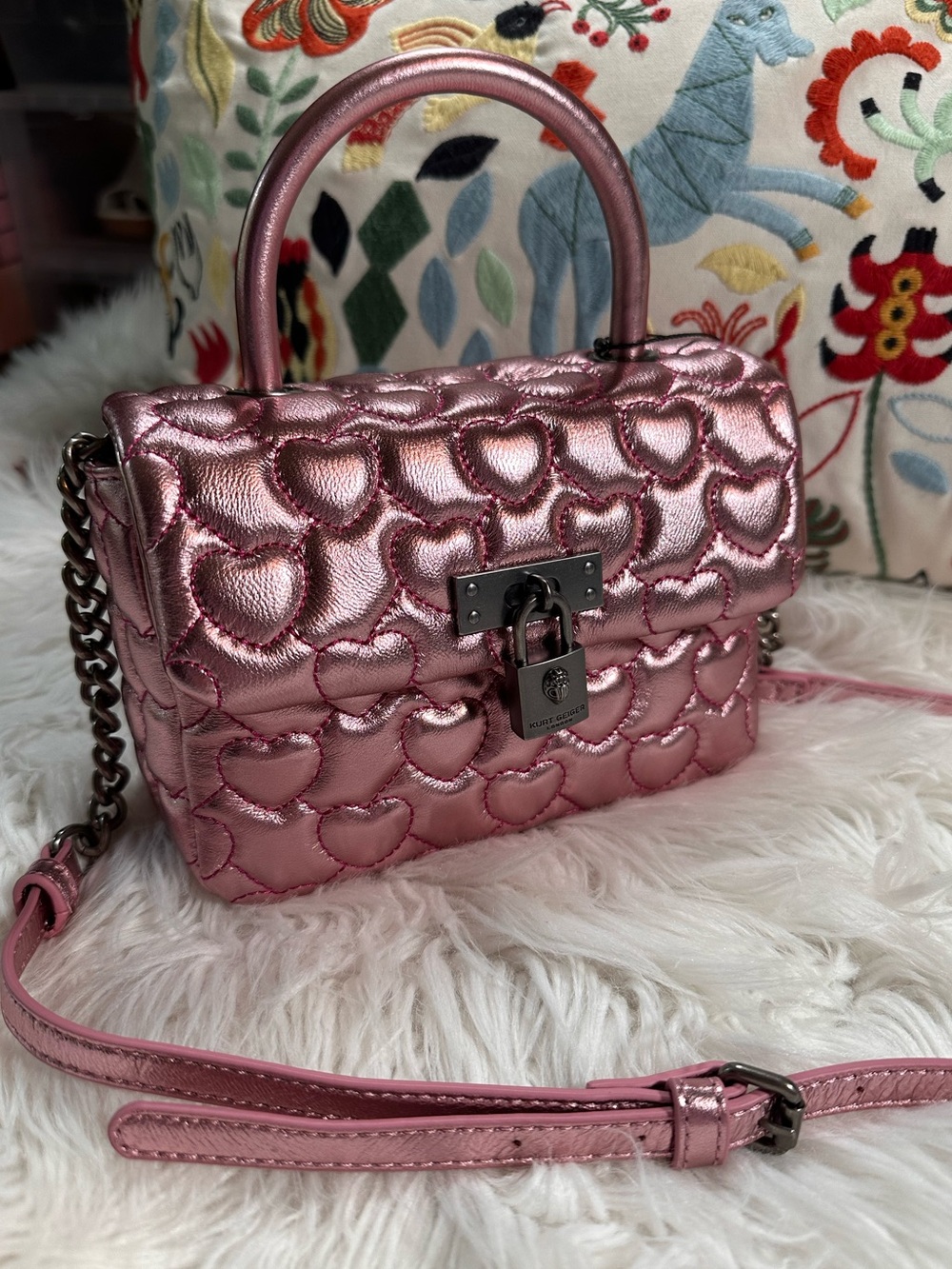 Kurt Geiger • The Brixton Quilted Heart Metallic Leather Top Handle Purse - Picture 13 of 17